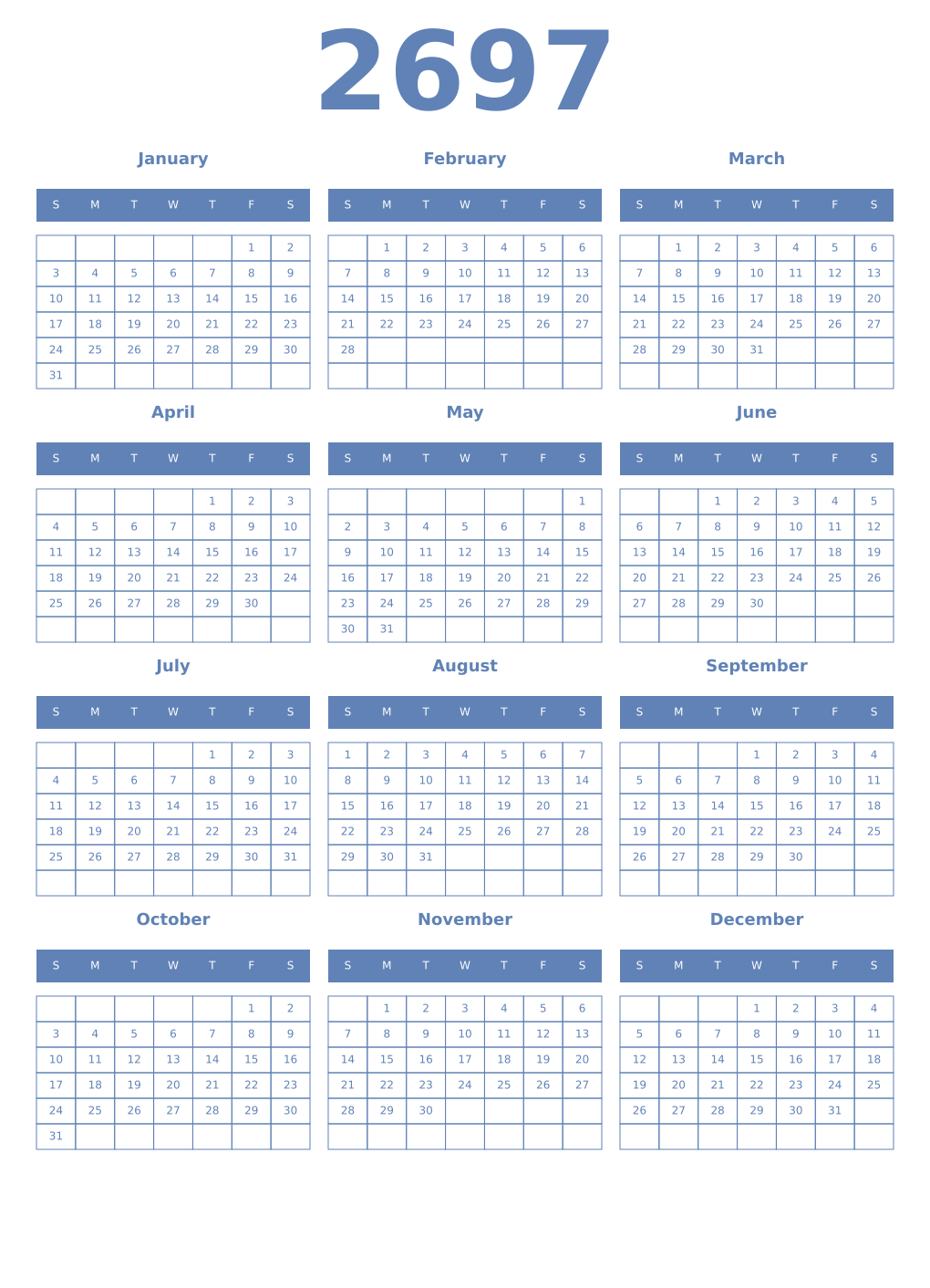 Printable 2697 Year Calendars glaucous