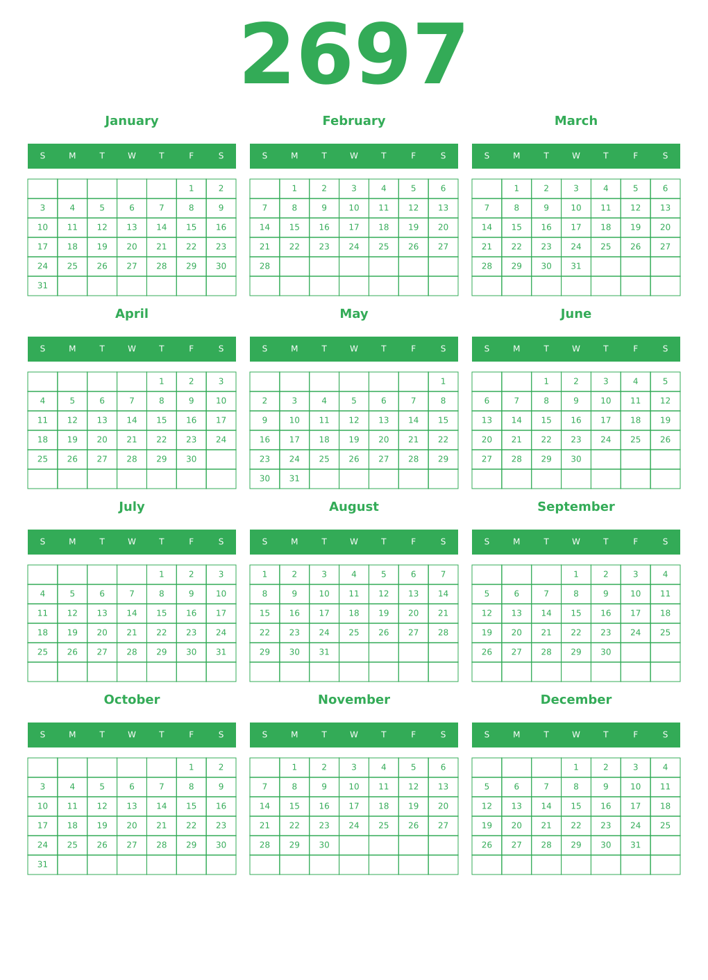 Printable 2697 Year Calendars green