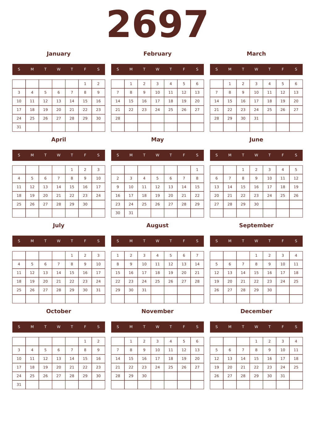 Printable 2697 Year Calendars mortuum