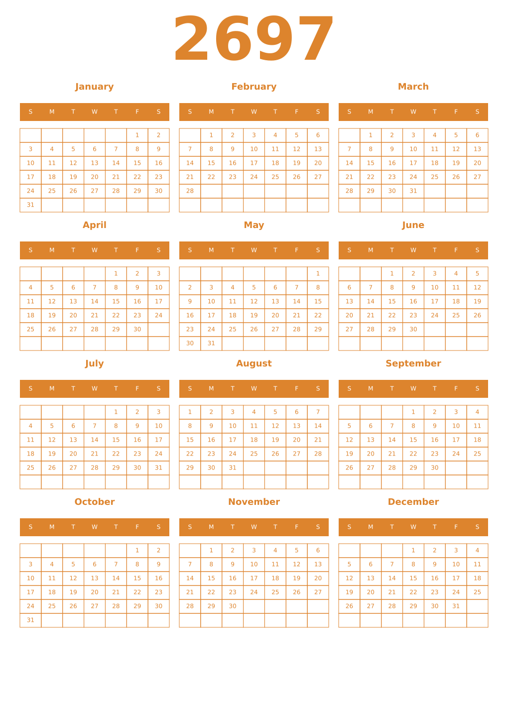 Printable 2697 Year Calendars orange