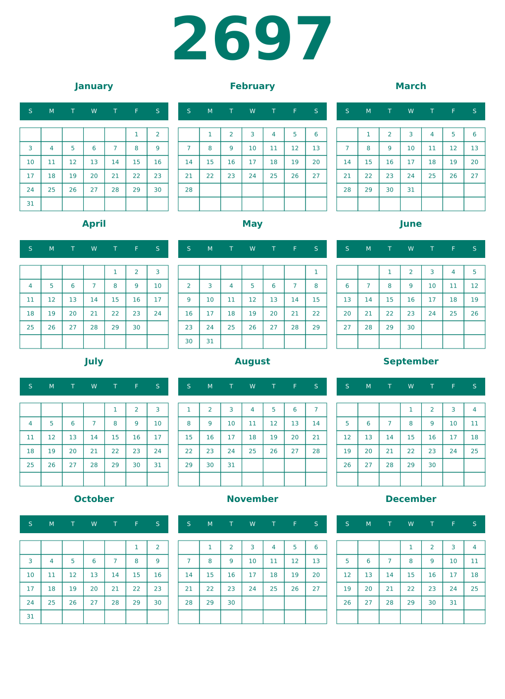 Printable 2697 Year Calendars pastel