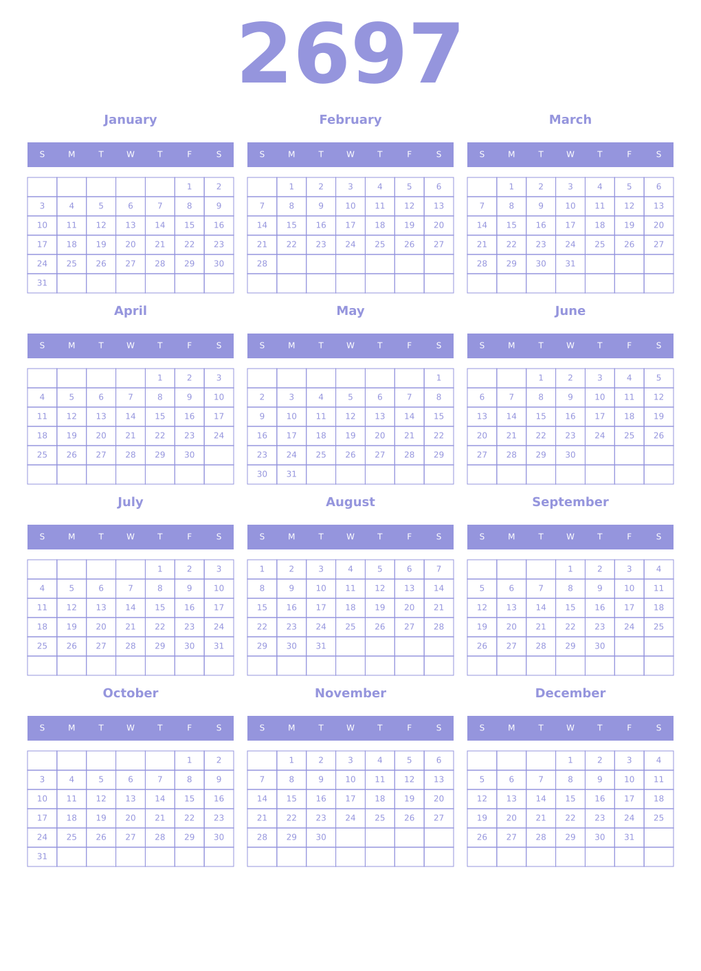 Printable 2697 Year Calendars periwinkle