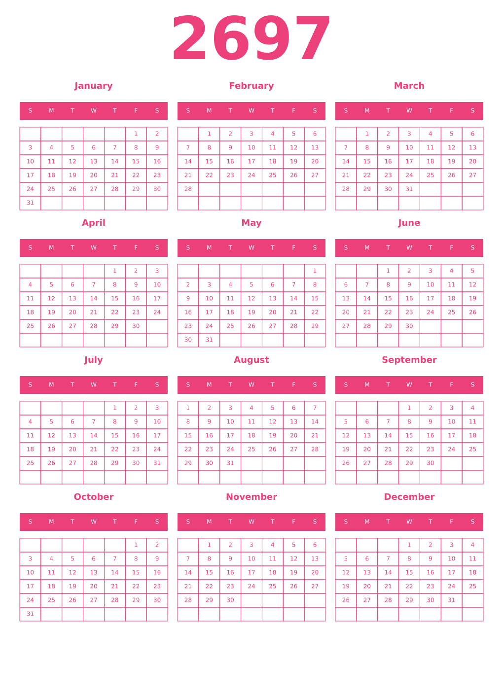 Printable 2697 Year Calendars pink