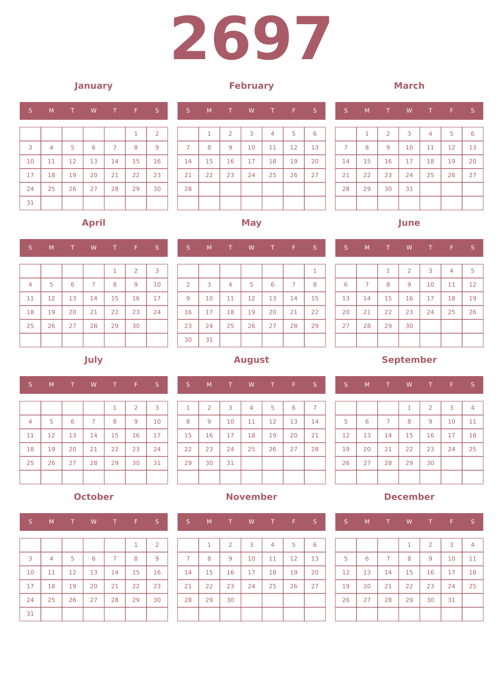 Printable 2697 Year Calendars puce