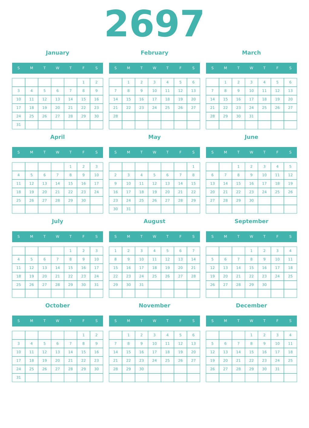 Printable 2697 Year Calendars verdigris