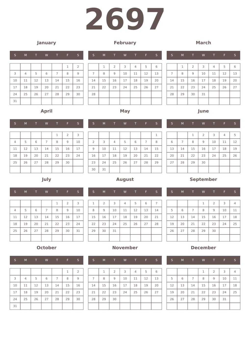 Printable 2697 Year Calendars wenge