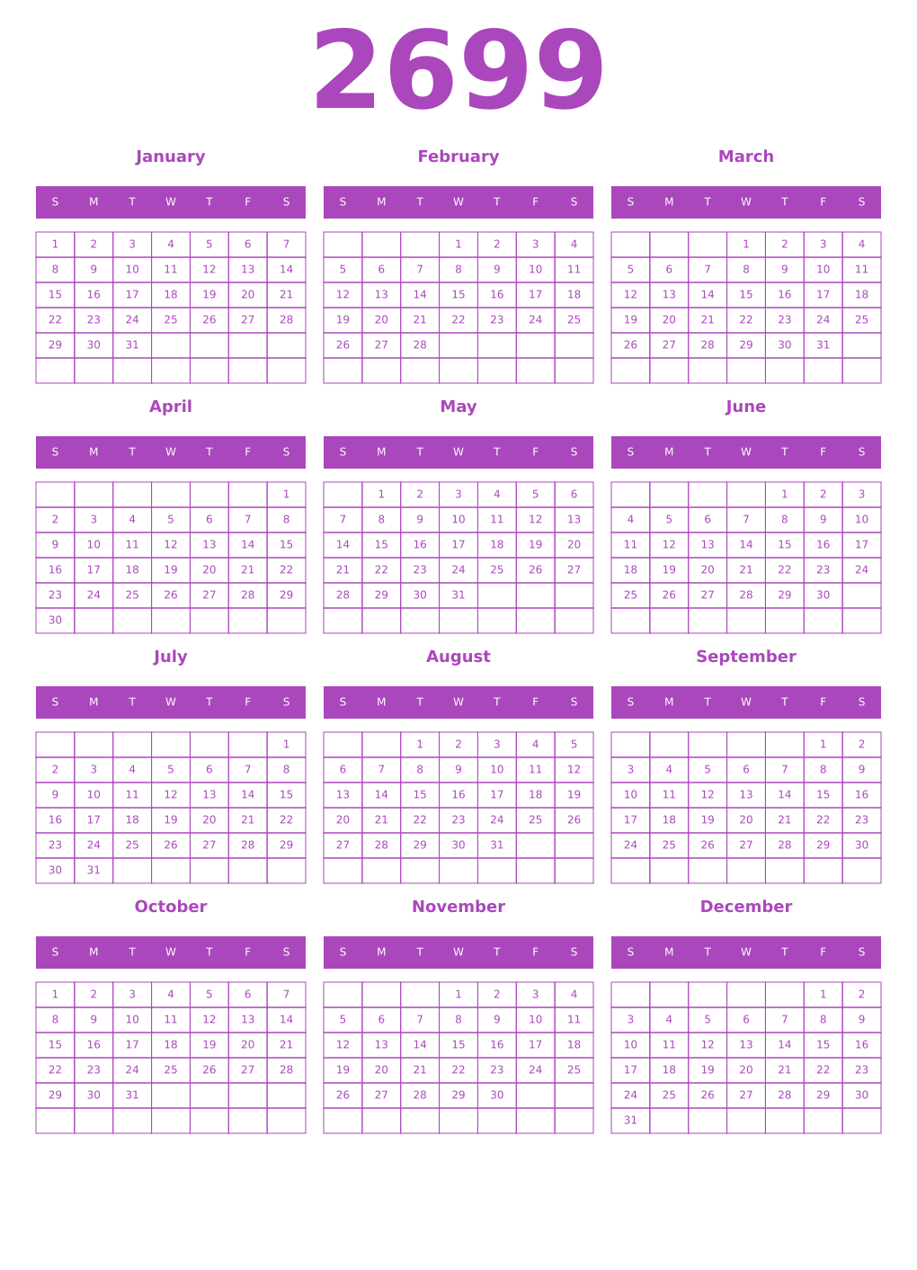 Printable 2699 Year Calendars purple