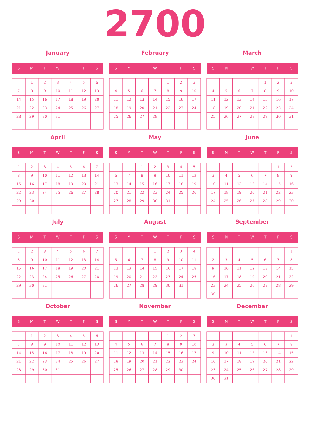 Printable 2700 Year Calendars pink
