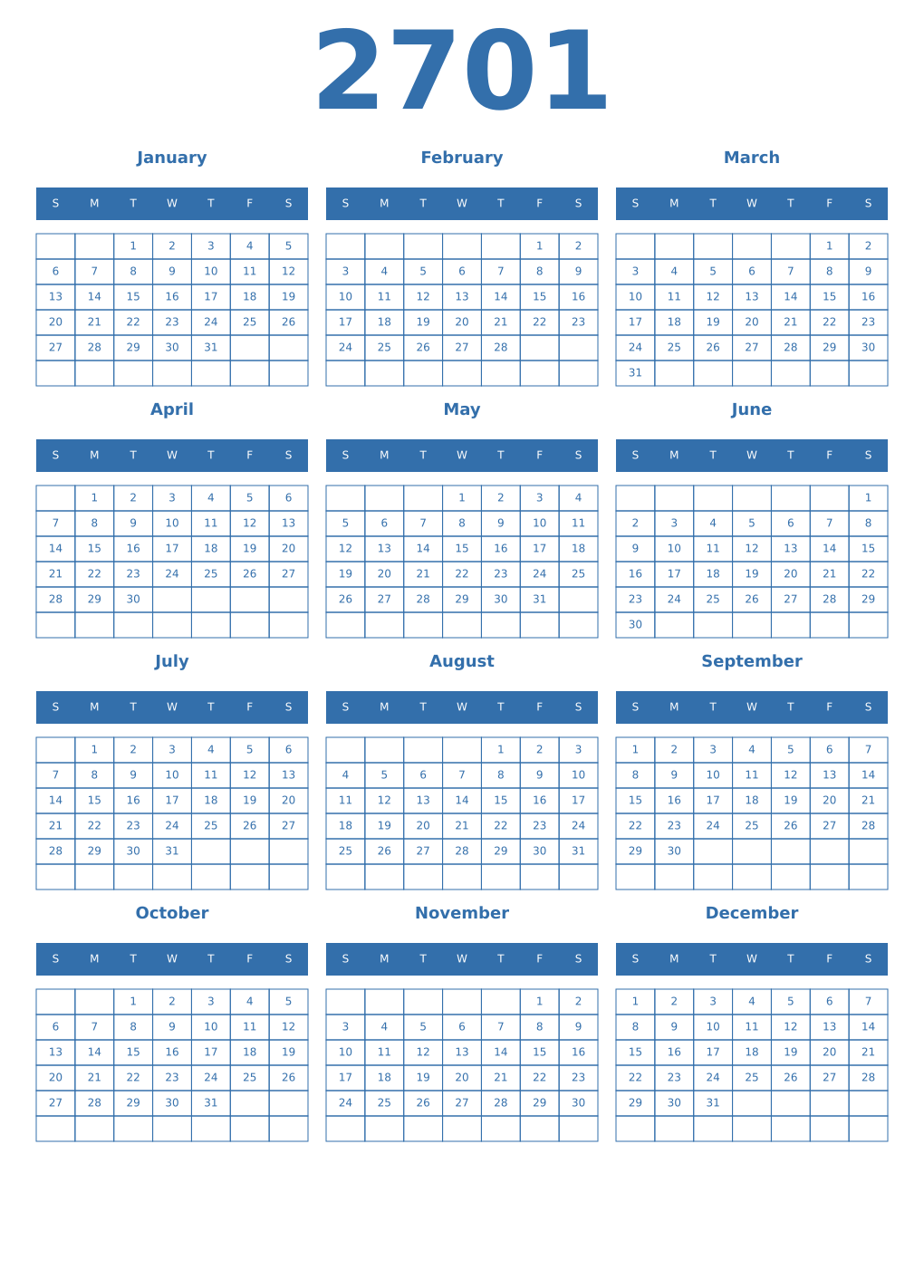 Printable 2701 Year Calendars blue
