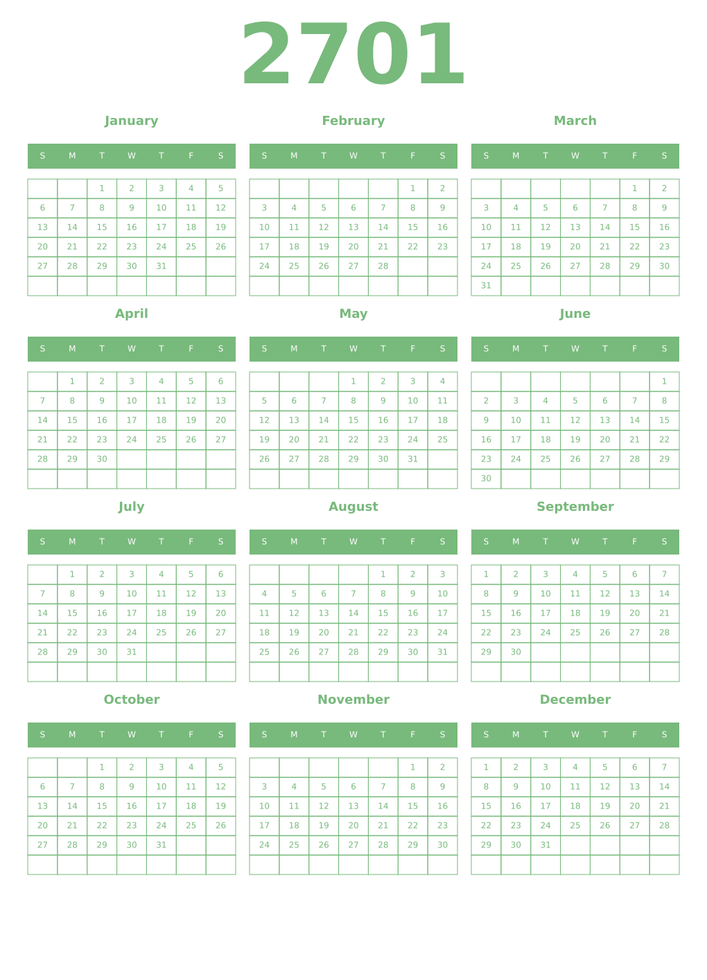 Printable 2701 Year Calendars celadon