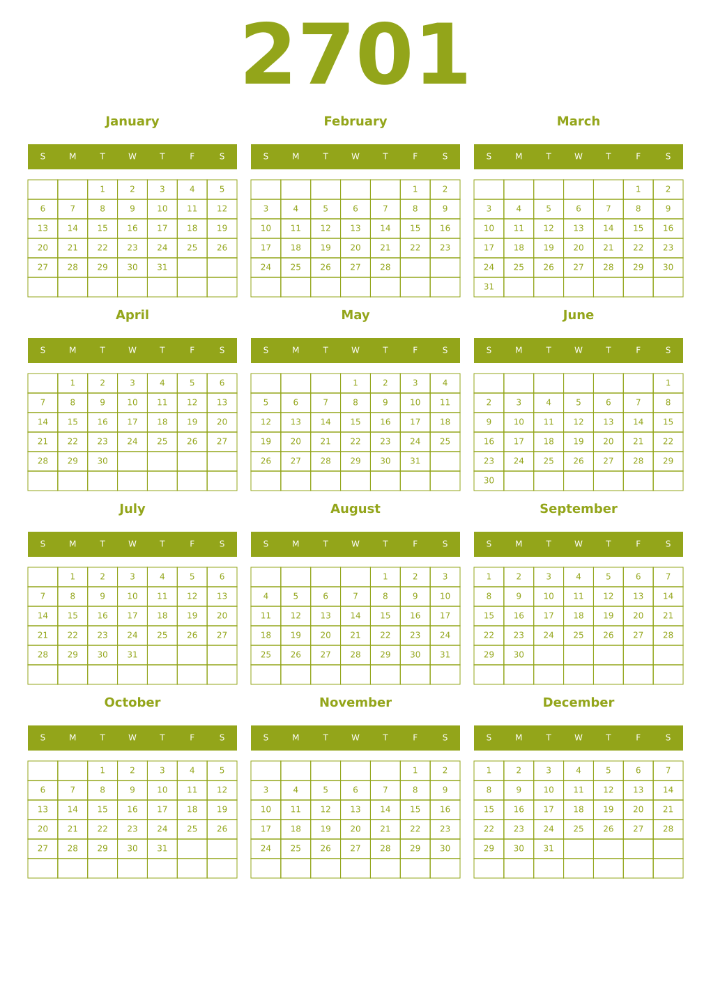 Printable 2701 Year Calendars chartreuse