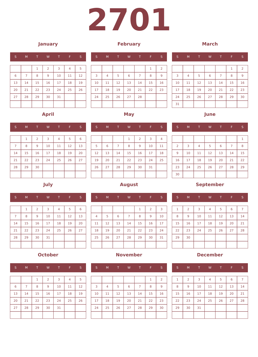 Printable 2701 Year Calendars cordovan