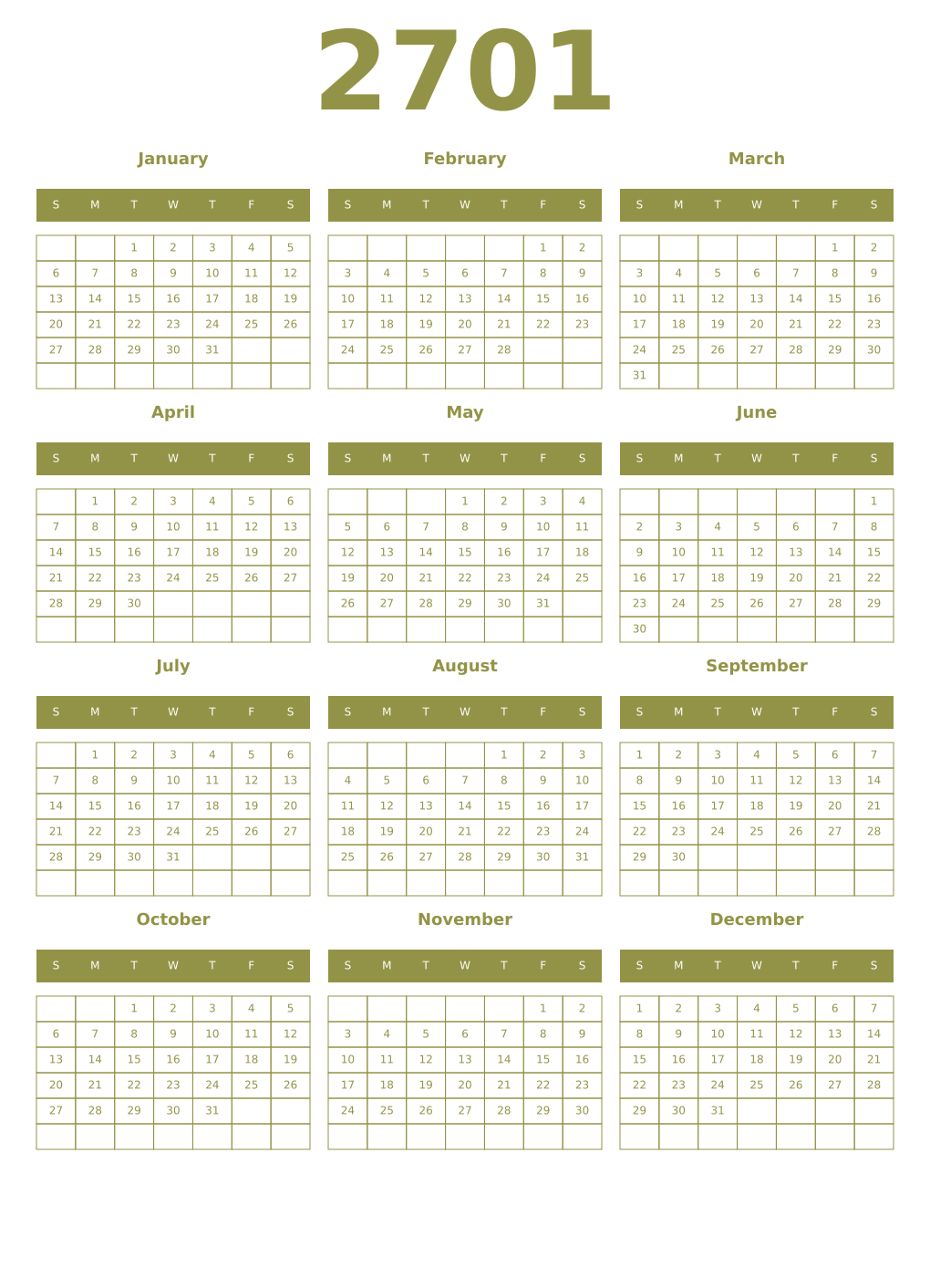 Printable 2701 Year Calendars eburnean