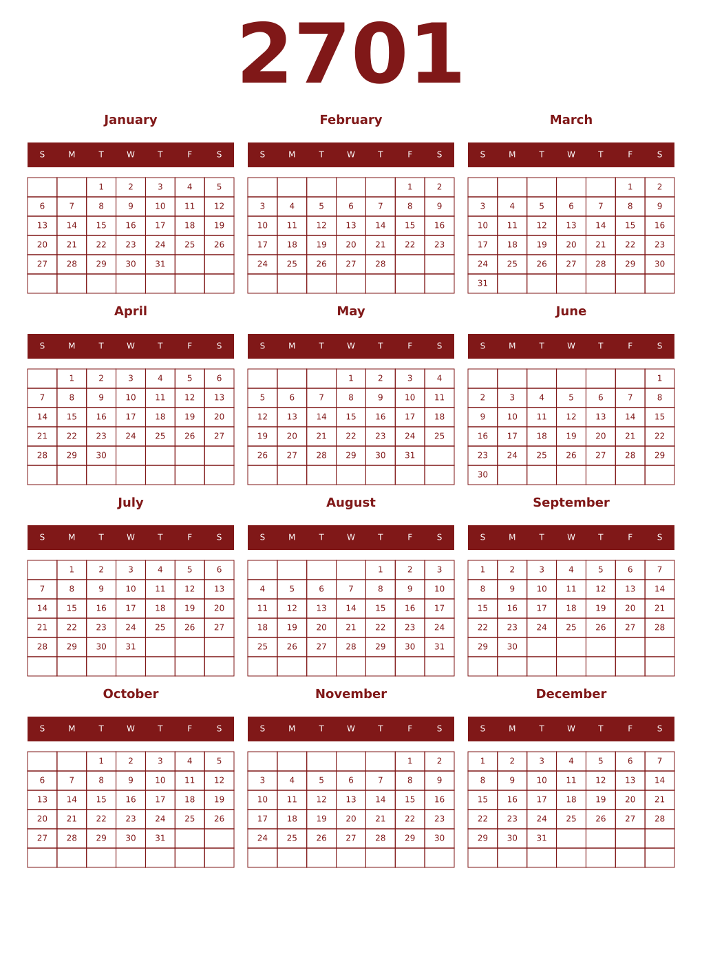 Printable 2701 Year Calendars falu