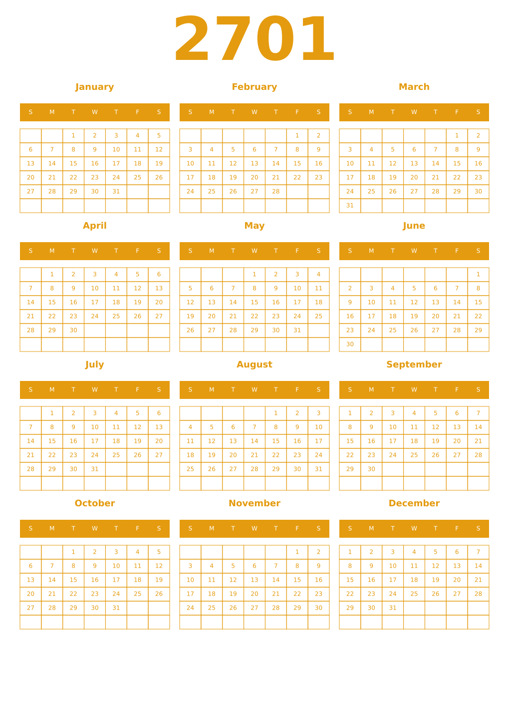 Printable 2701 Year Calendars gamboge