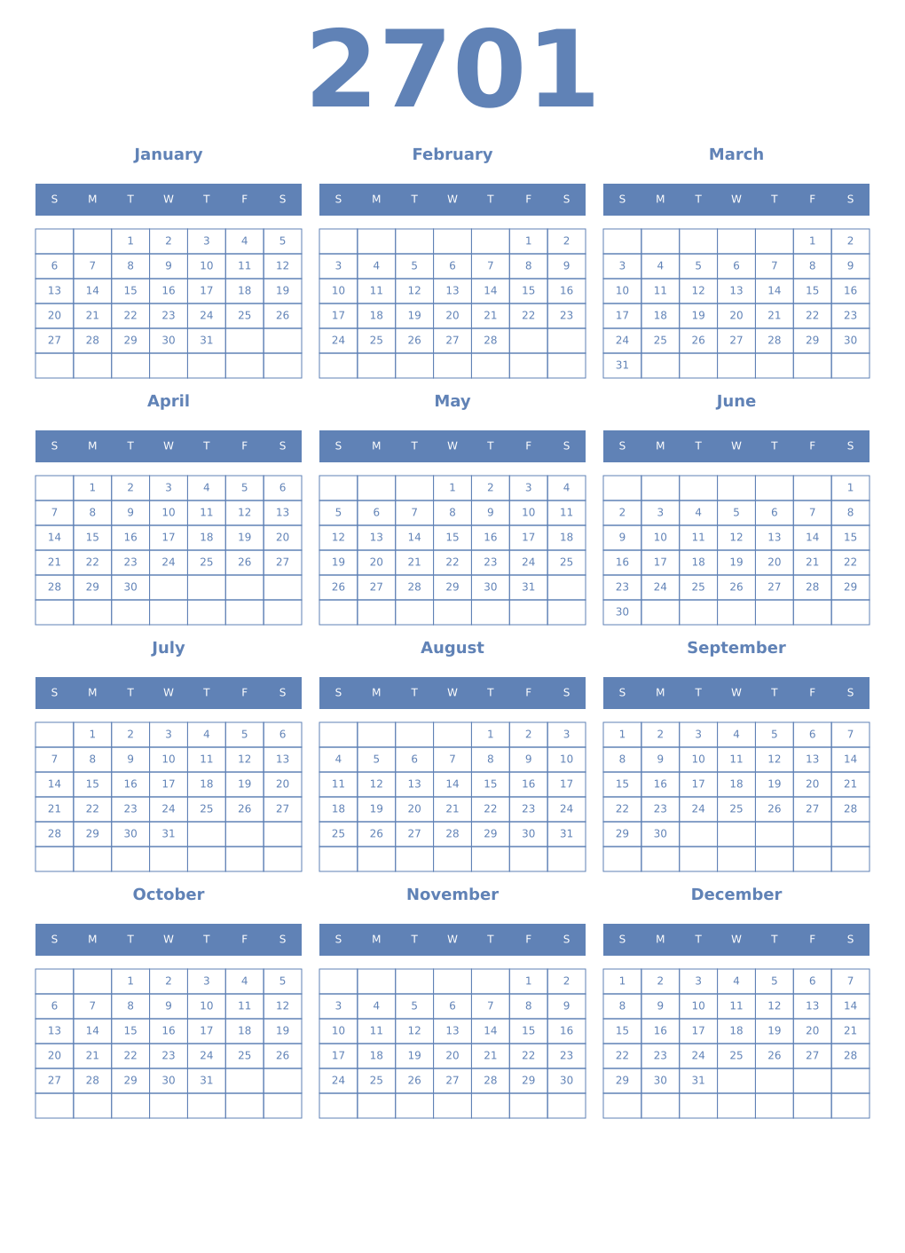 Printable 2701 Year Calendars glaucous