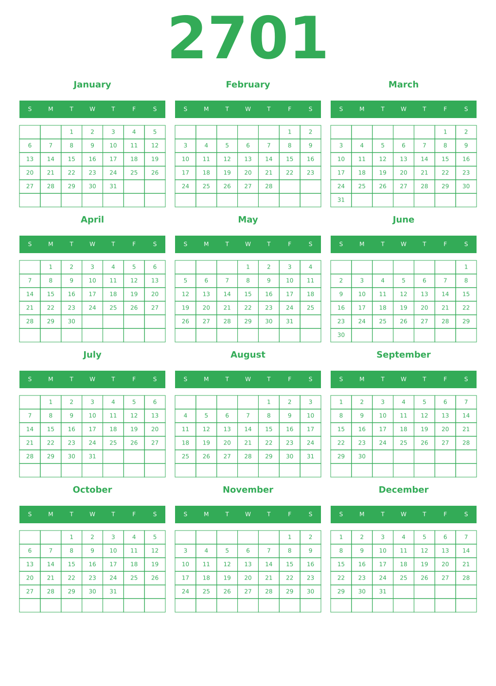 Printable 2701 Year Calendars green