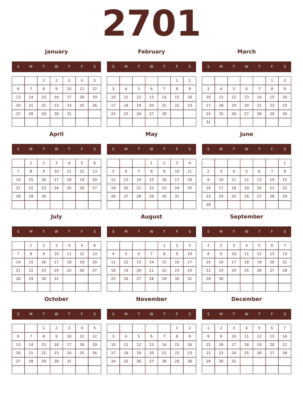 Printable 2701 Year Calendars mortuum