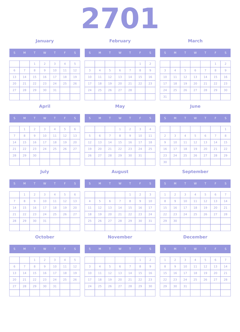 Printable 2701 Year Calendars periwinkle