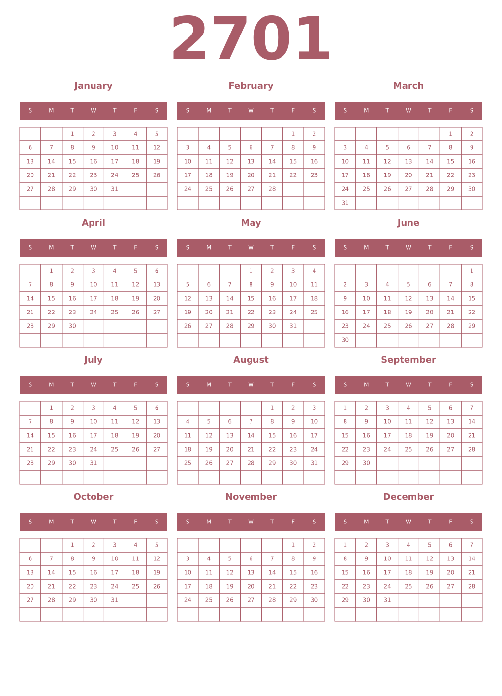 Printable 2701 Year Calendars puce