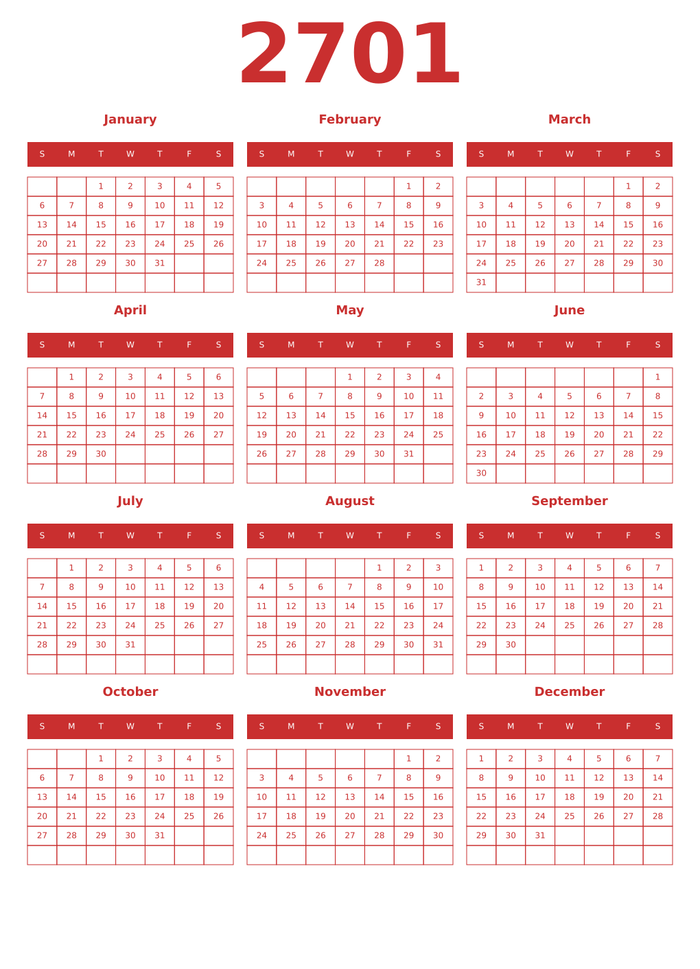 Printable 2701 Year Calendars red