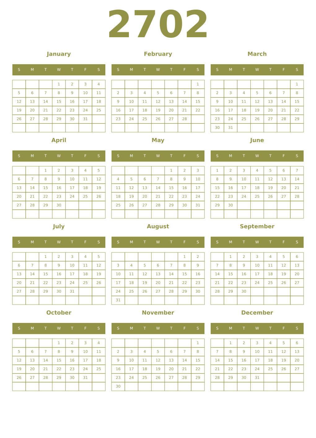 Printable 2702 Year Calendars eburnean