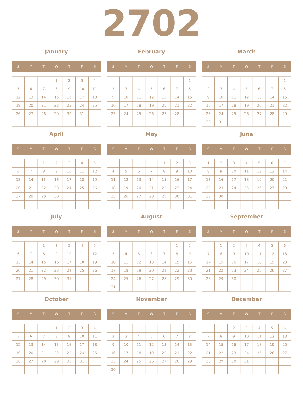 Printable 2702 Year Calendars isabelline