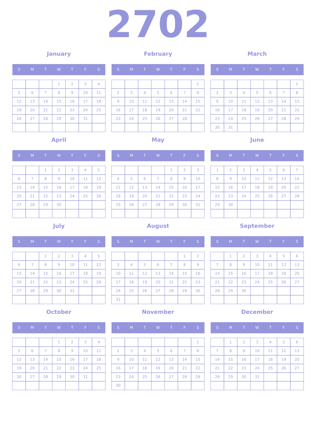 Printable 2702 Year Calendars periwinkle