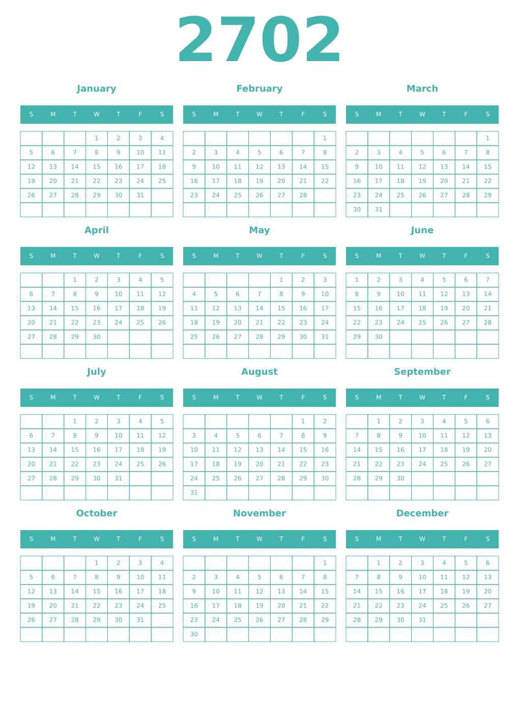 Printable 2702 Year Calendars verdigris