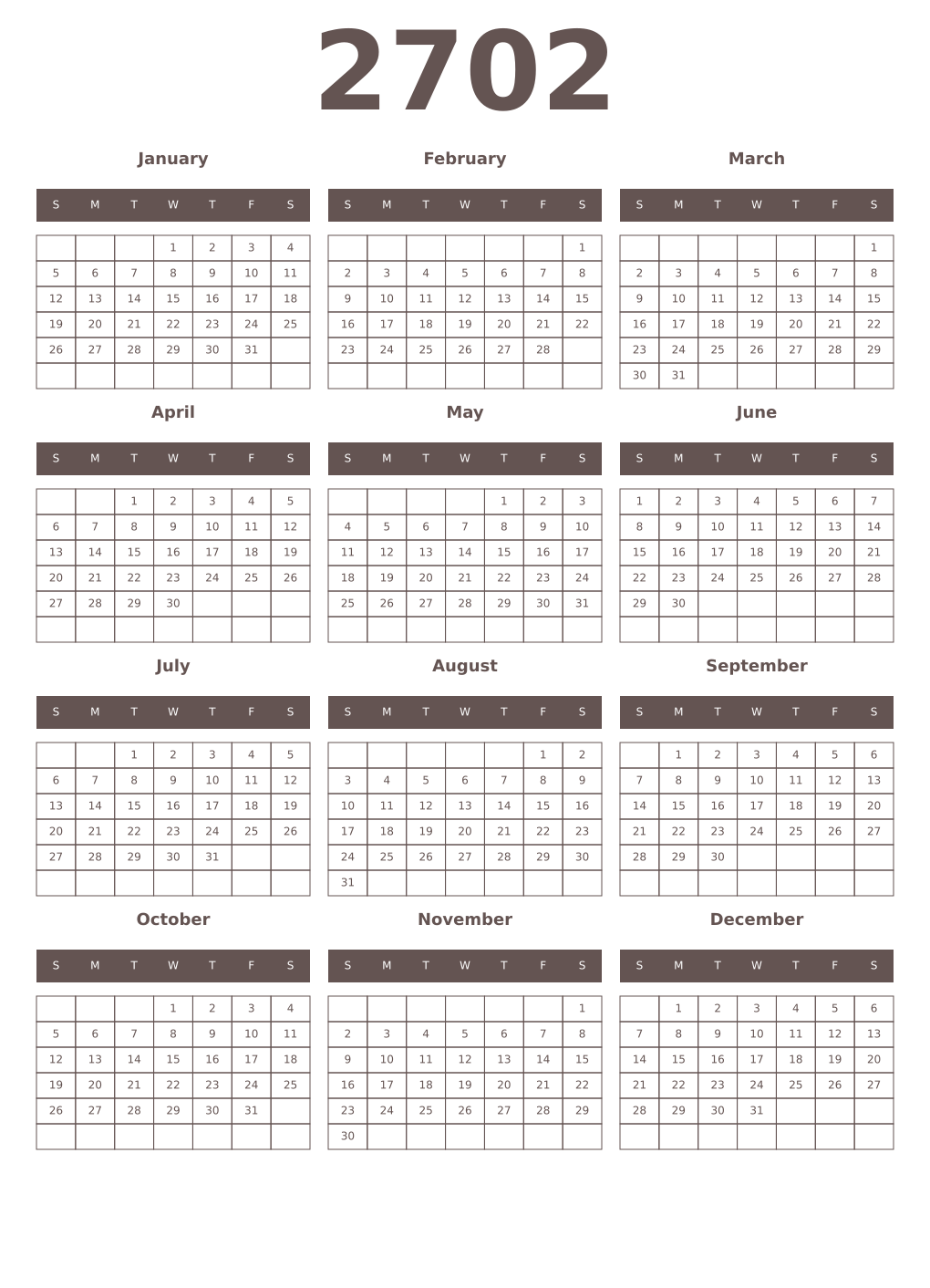 Printable 2702 Year Calendars wenge