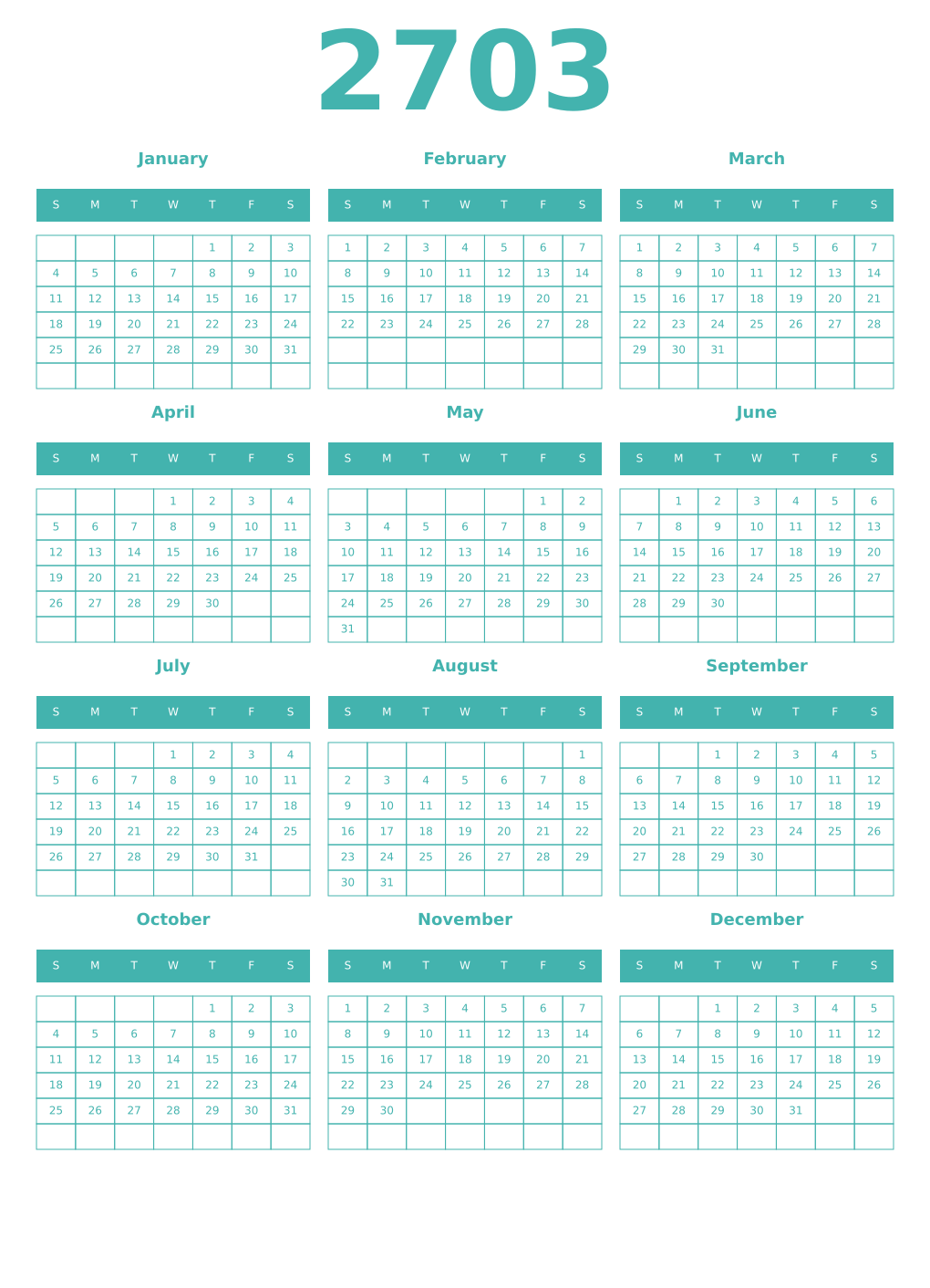 Printable 2703 Year Calendars verdigris