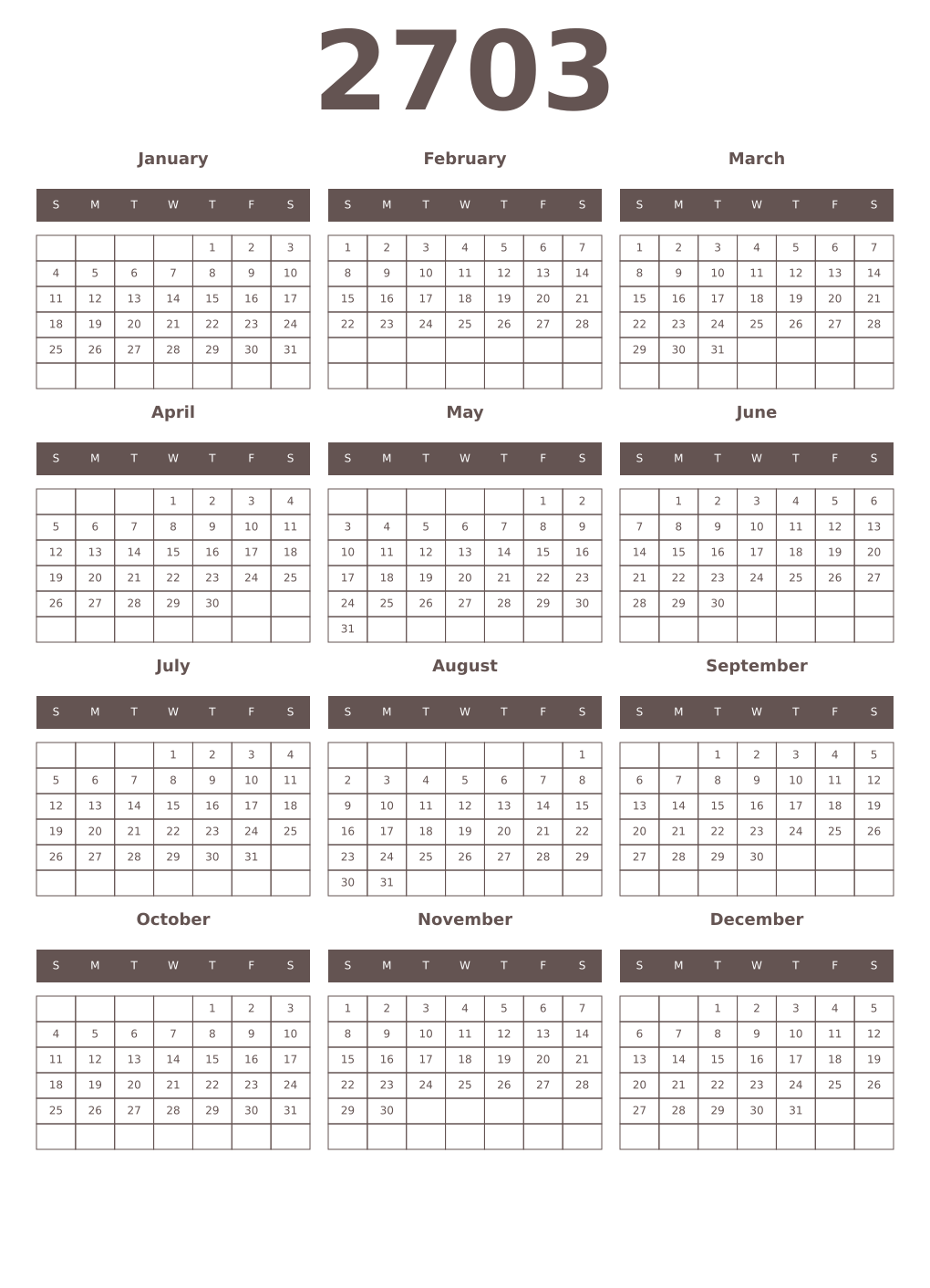 Printable 2703 Year Calendars wenge
