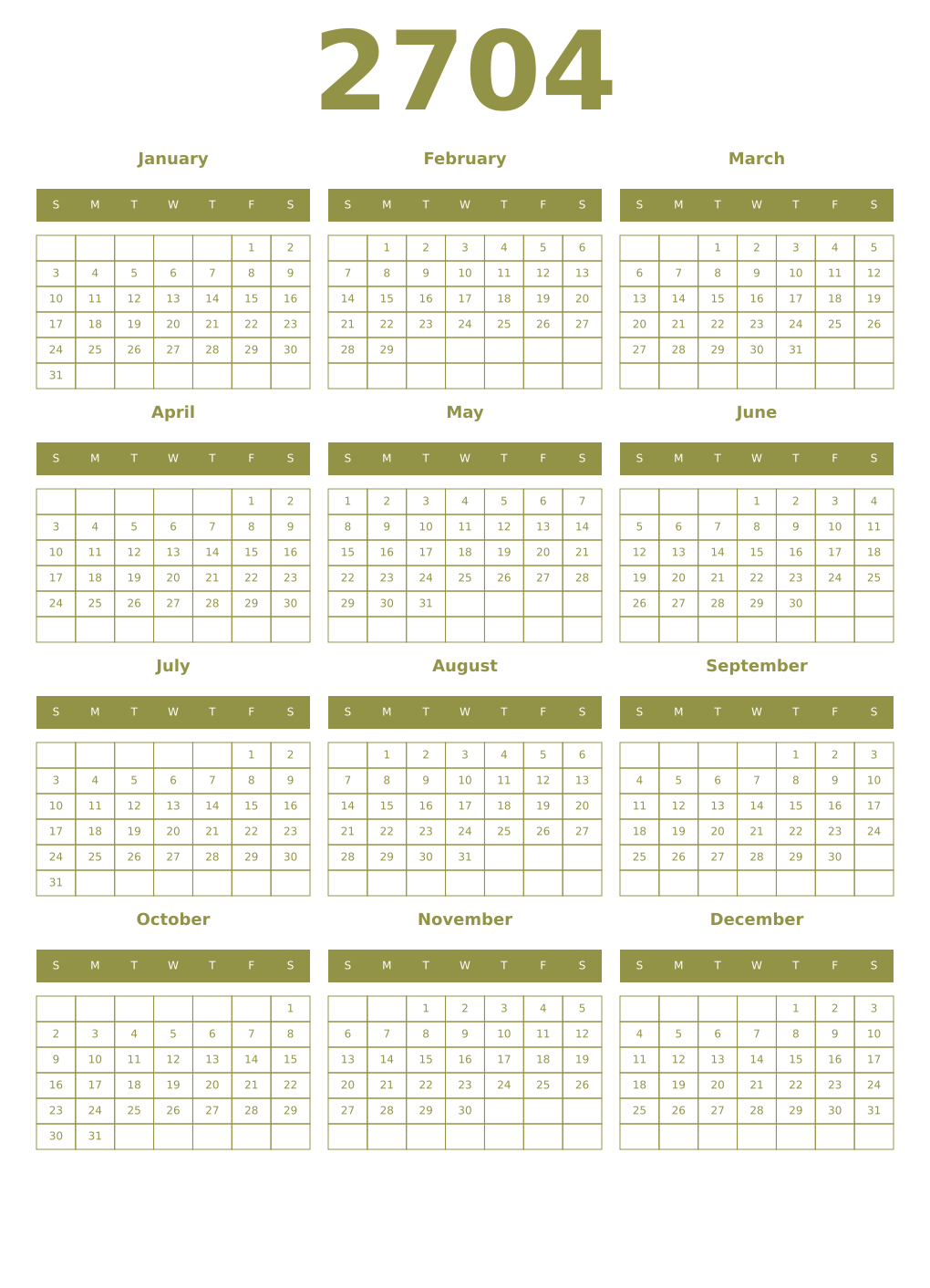 Printable 2704 Year Calendars eburnean