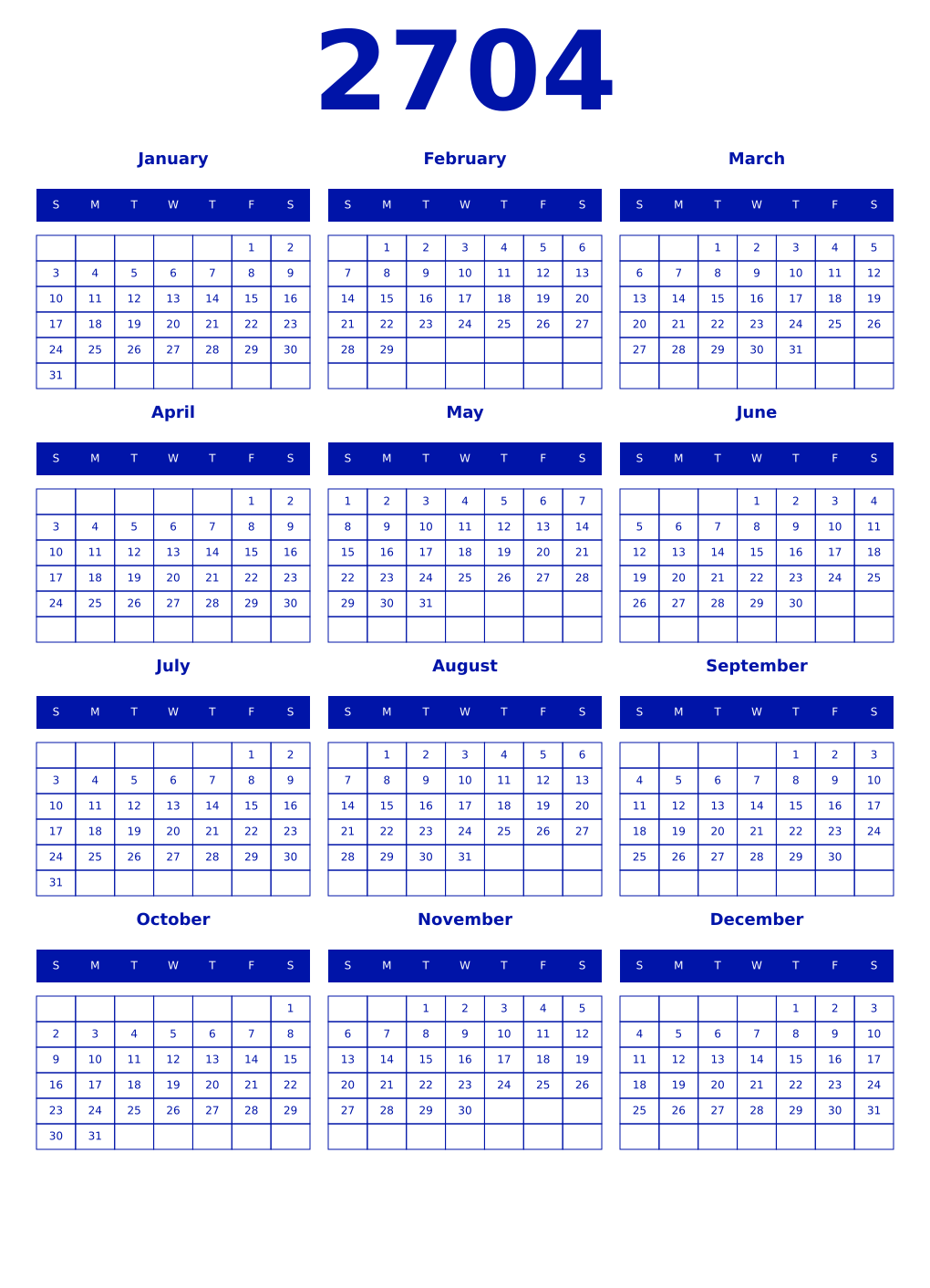 Printable 2704 Year Calendars zaffre