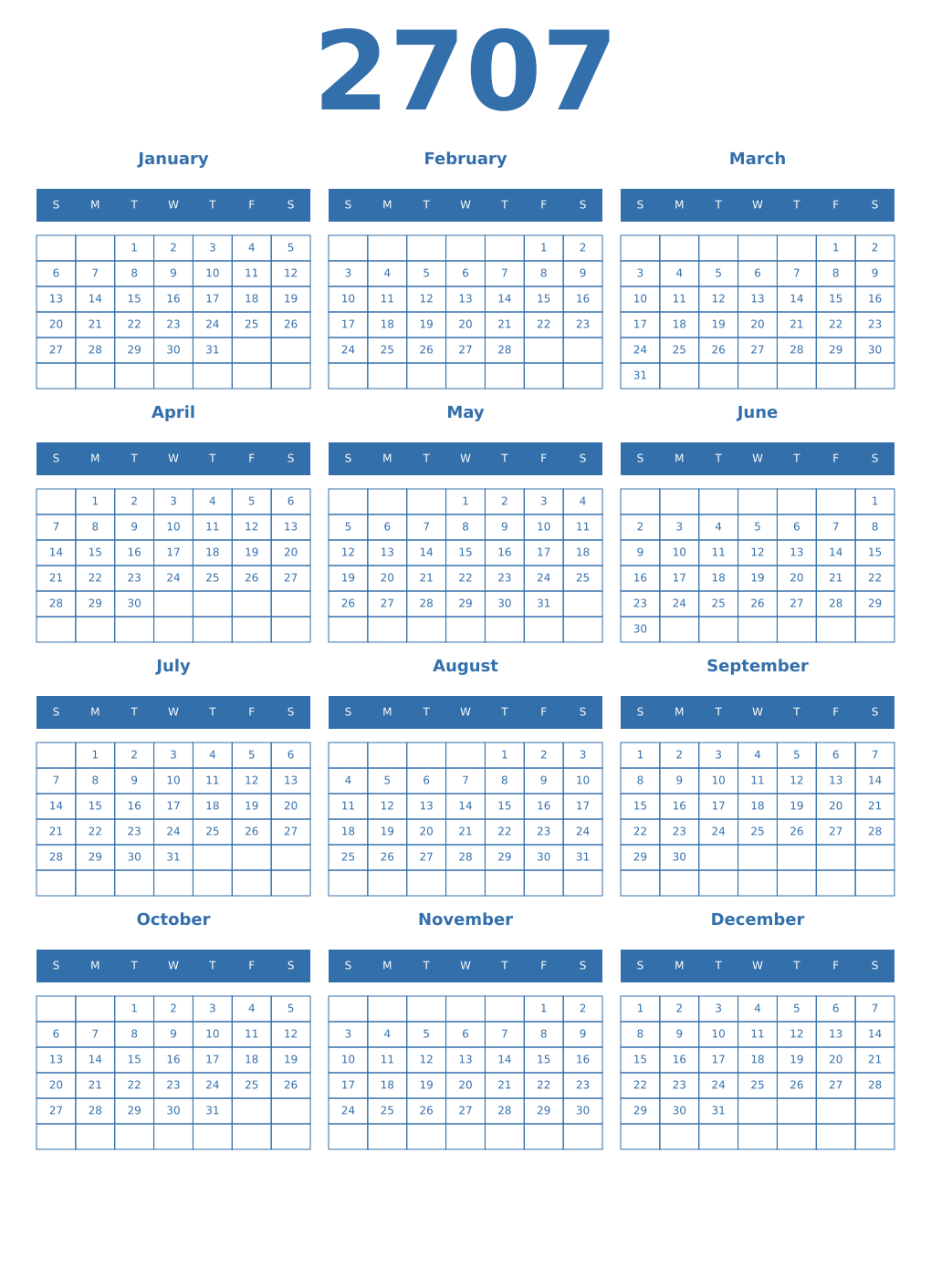 Printable 2707 Year Calendars blue