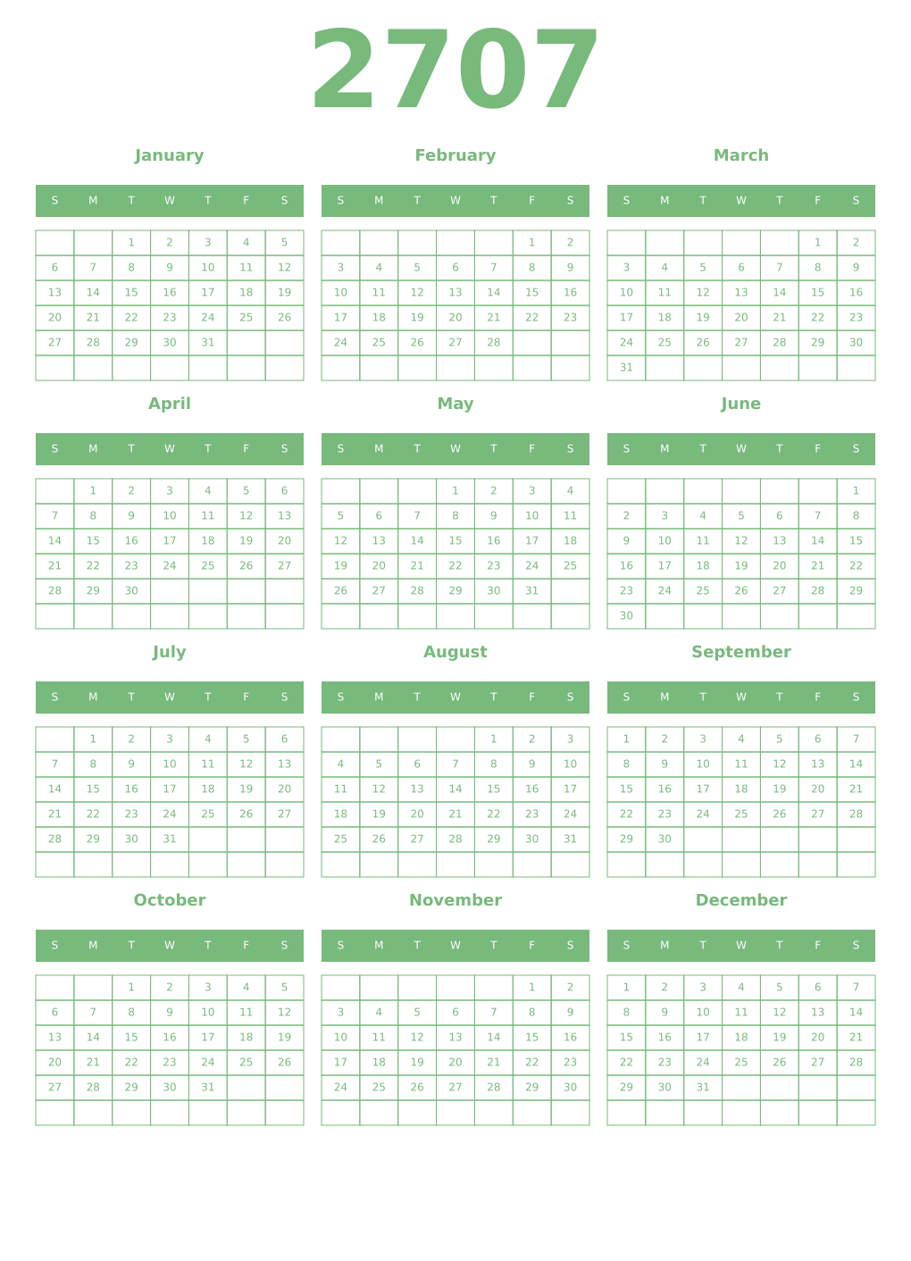 Printable 2707 Year Calendars celadon