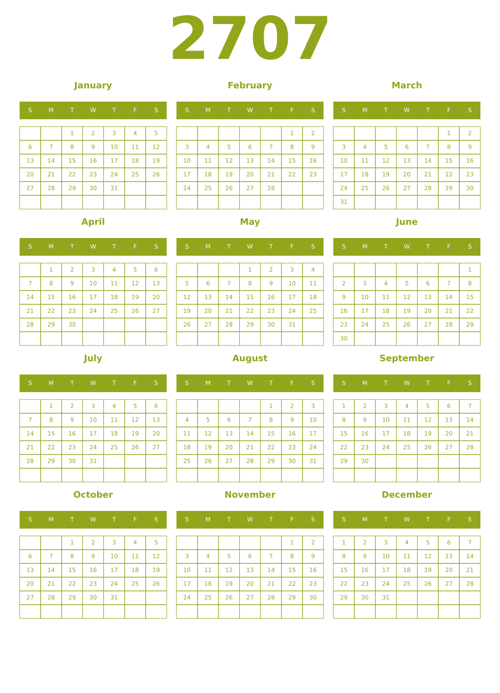 Printable 2707 Year Calendars chartreuse
