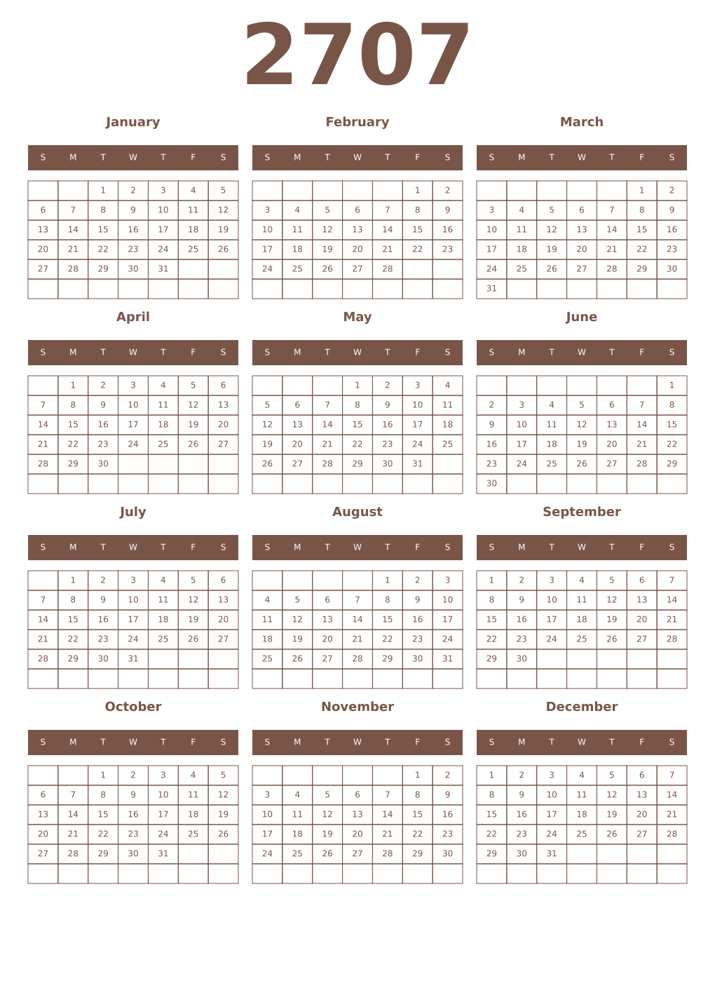 Printable 2707 Year Calendars coffe