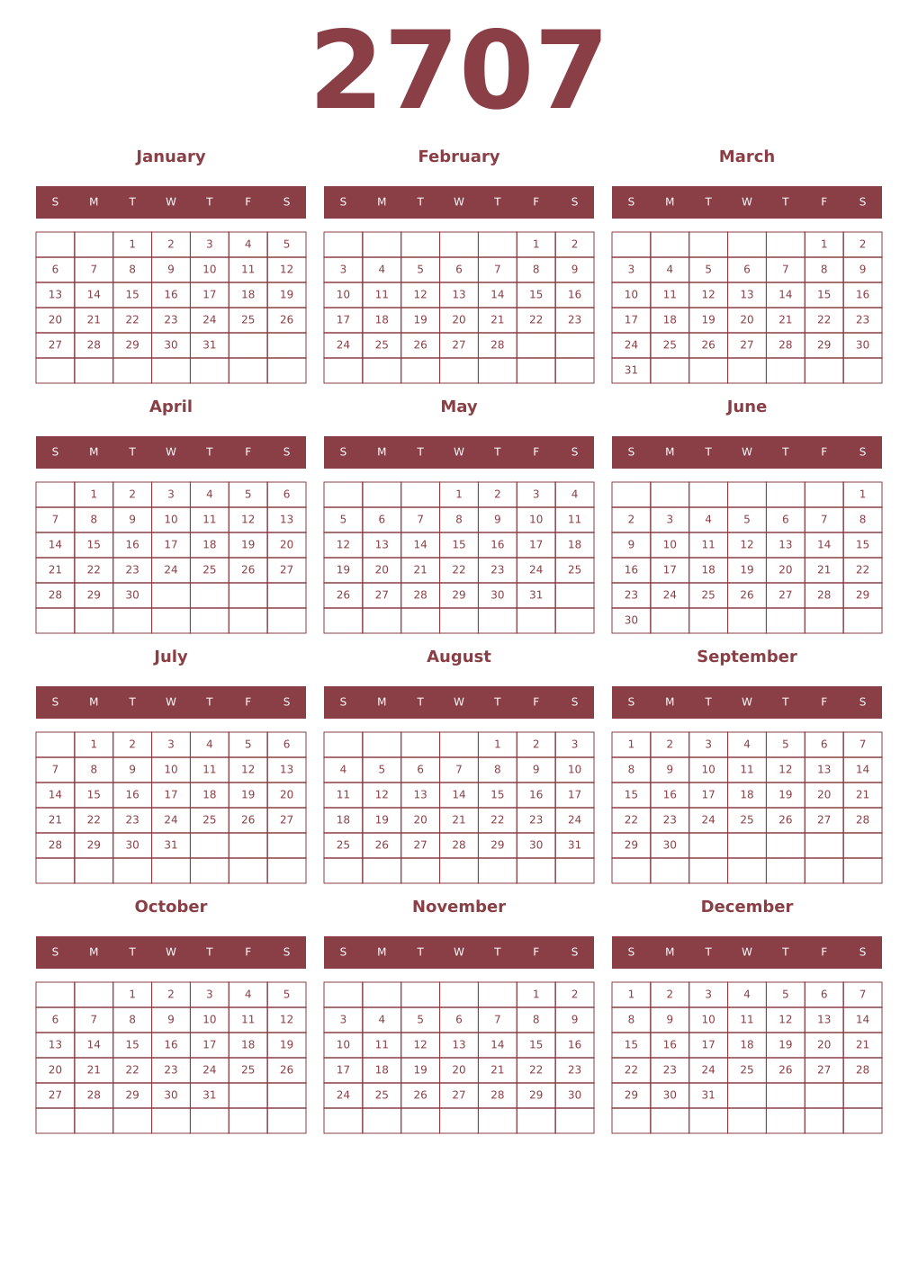 Printable 2707 Year Calendars cordovan