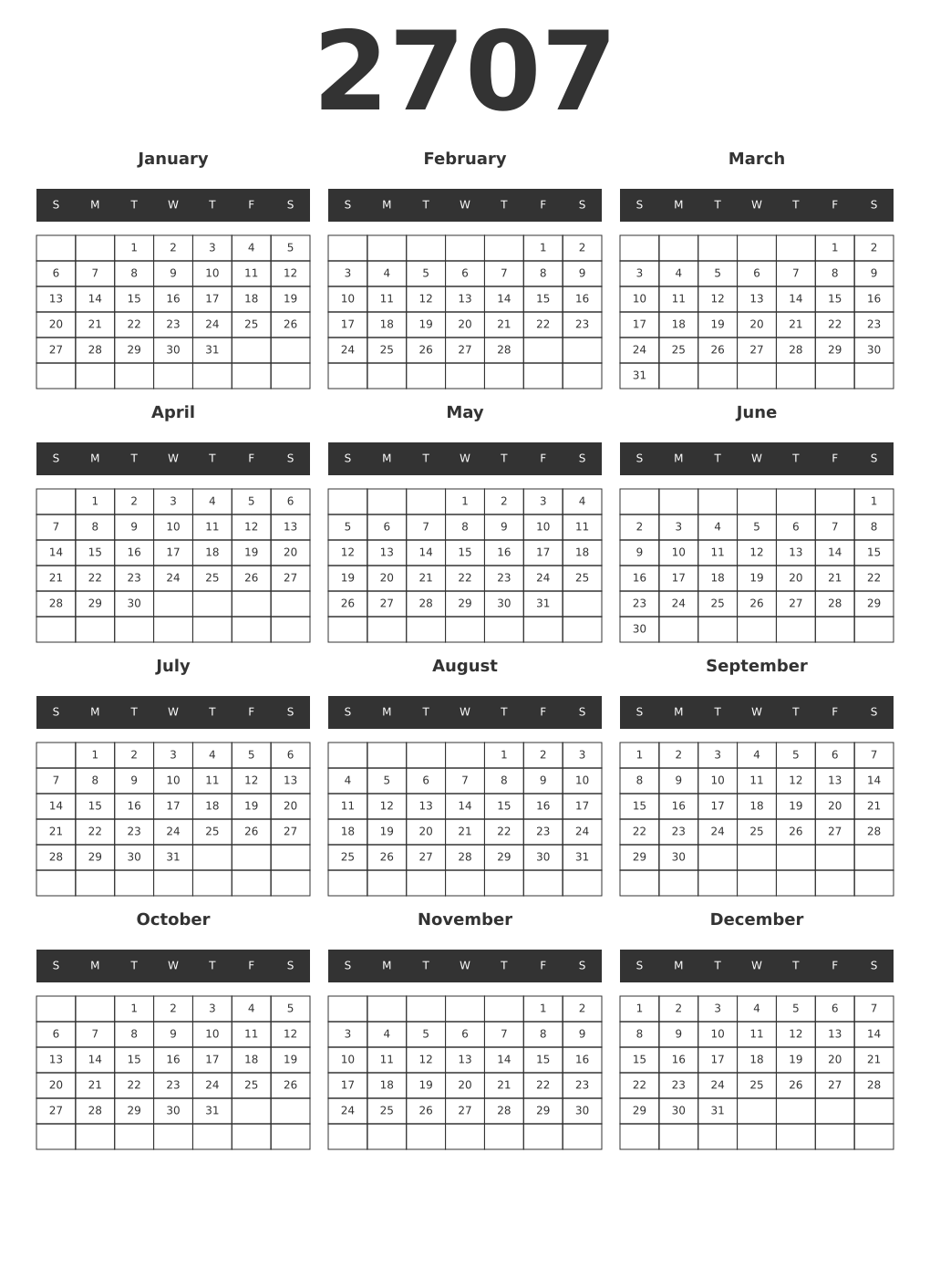 Printable 2707 Year Calendars dark