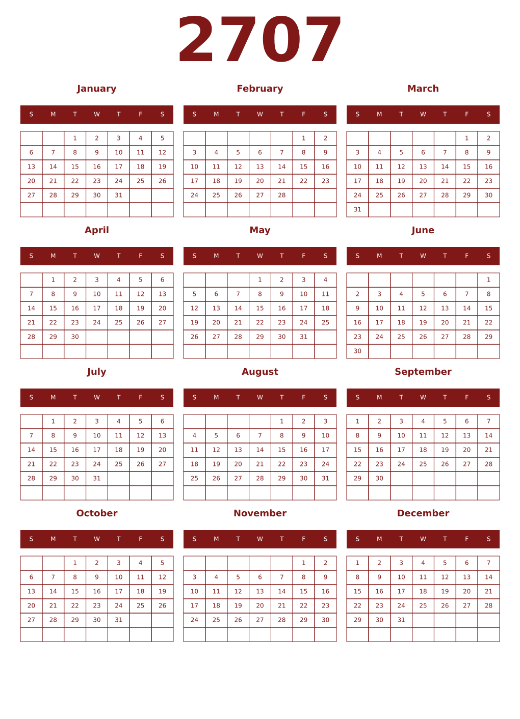 Printable 2707 Year Calendars falu
