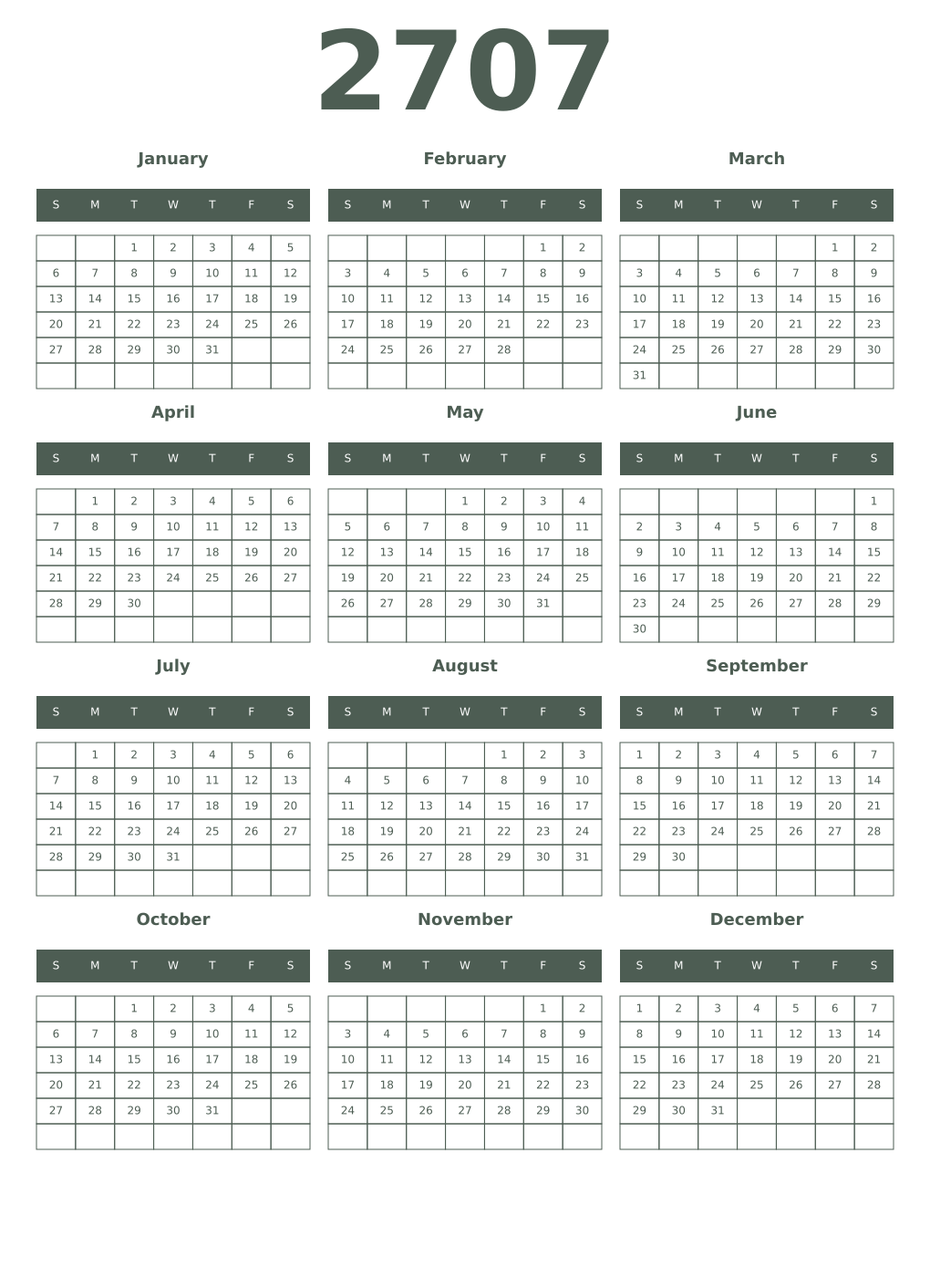 Printable 2707 Year Calendars feldgrau