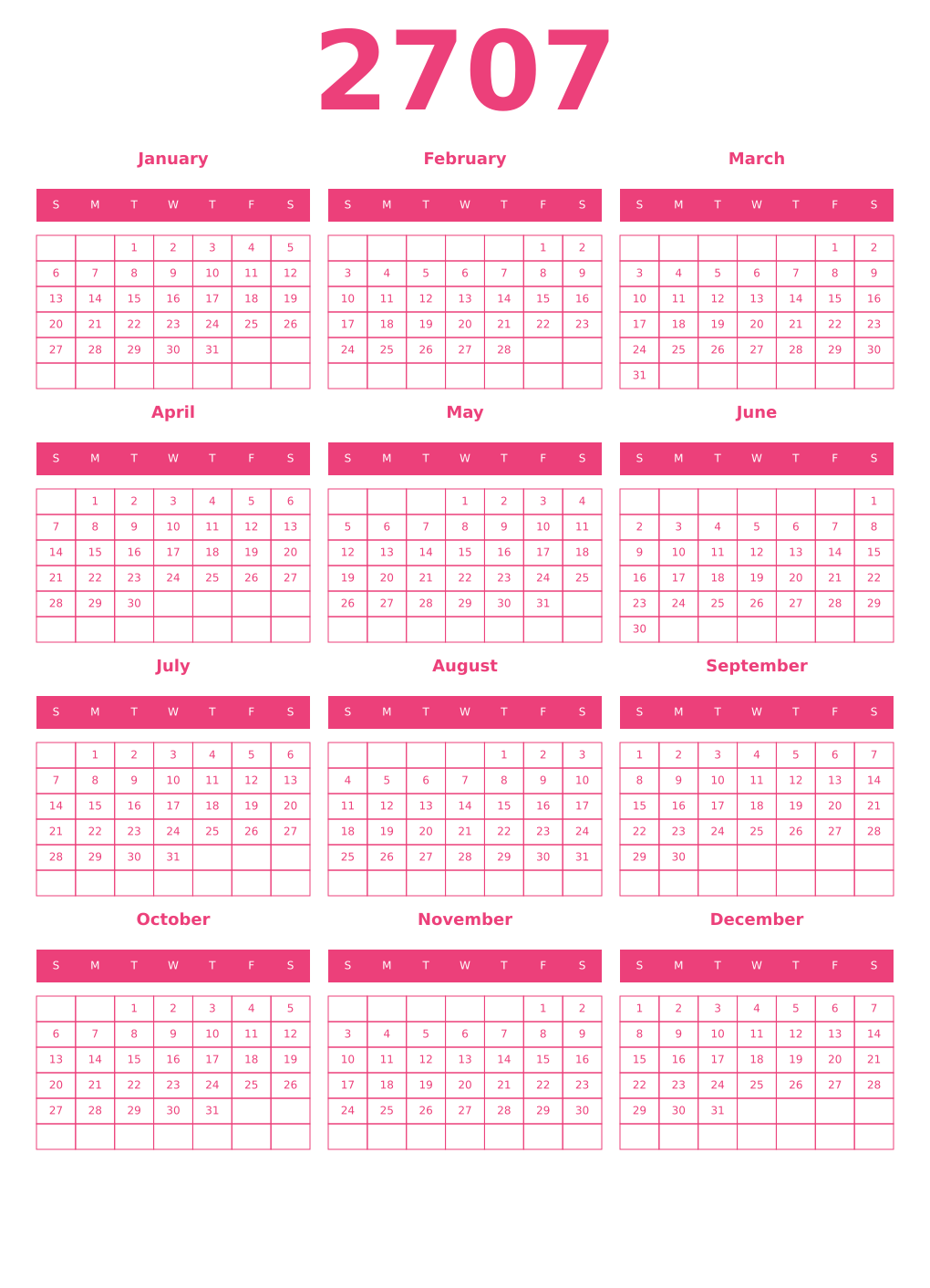 Printable 2707 Year Calendars pink