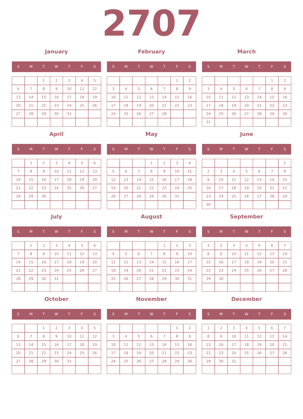 Printable 2707 Year Calendars puce