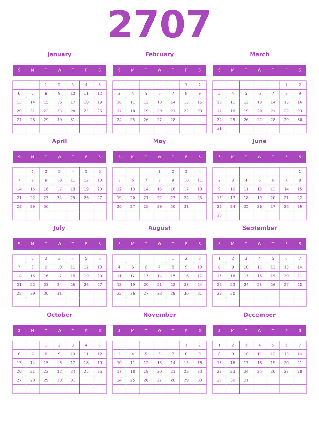 Printable 2707 Year Calendars purple