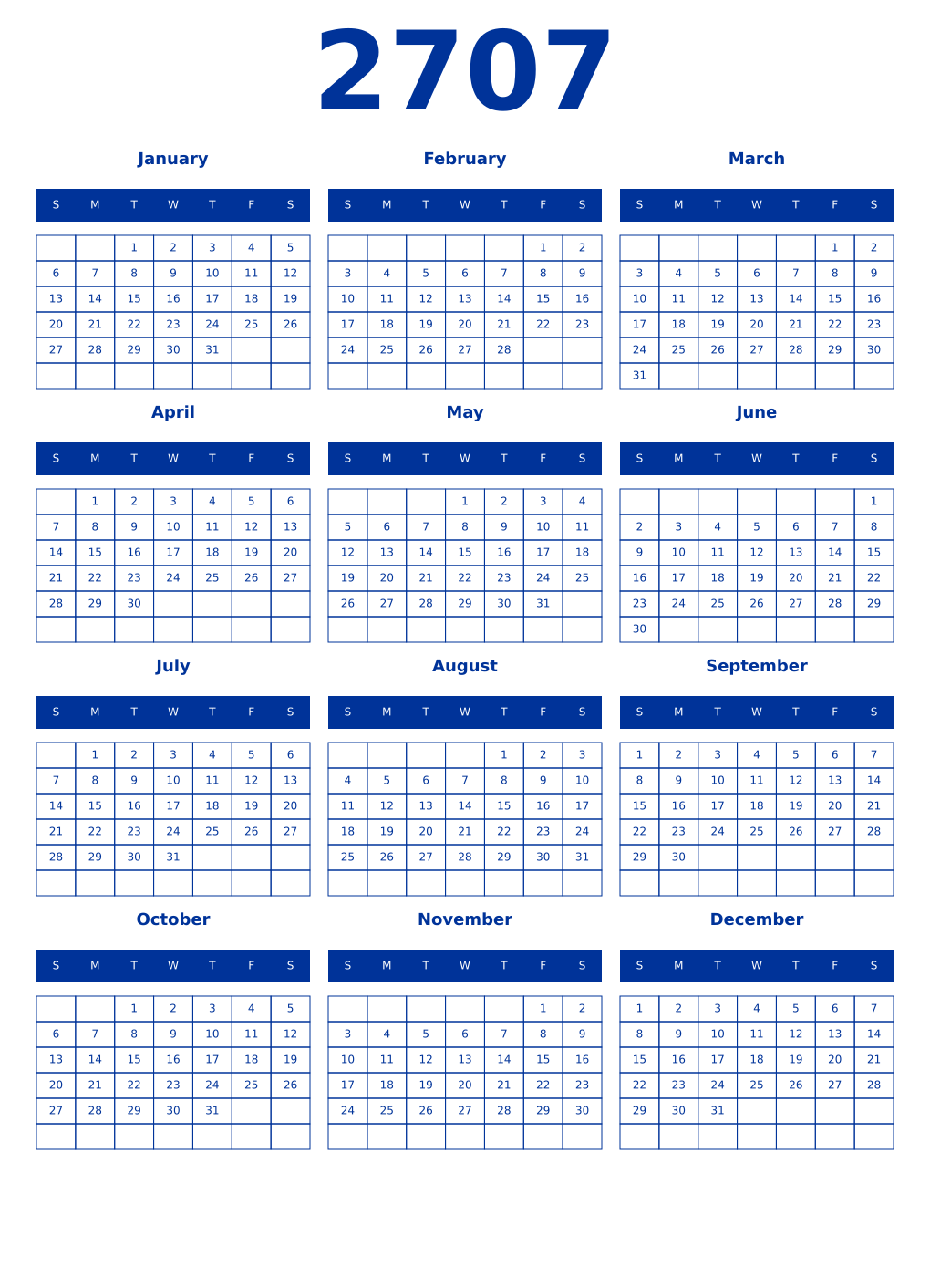 Printable 2707 Year Calendars smalt