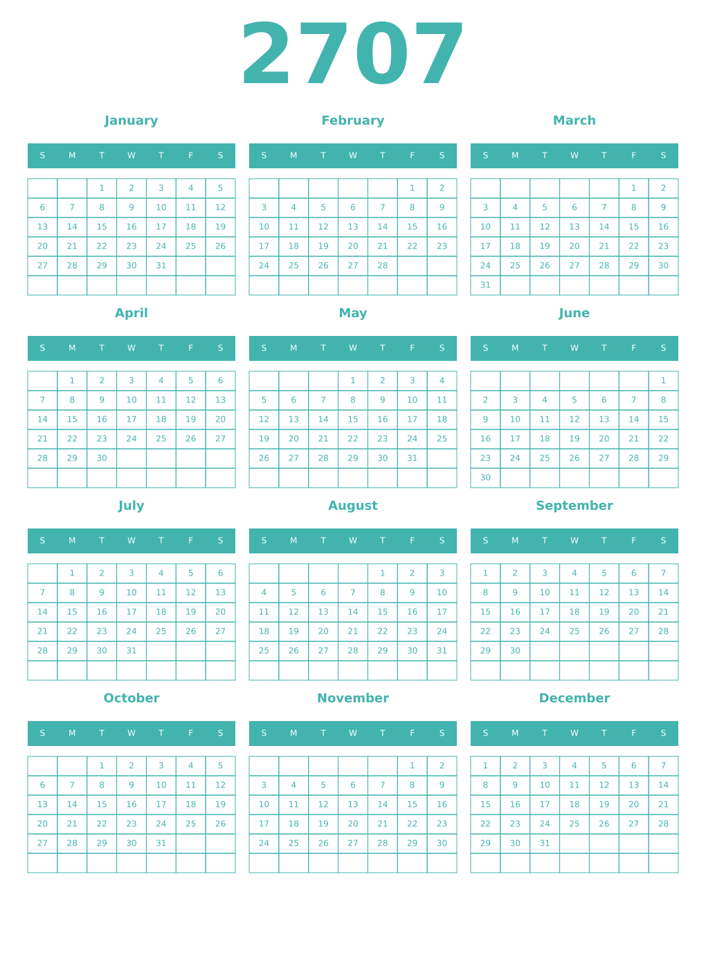 Printable 2707 Year Calendars verdigris