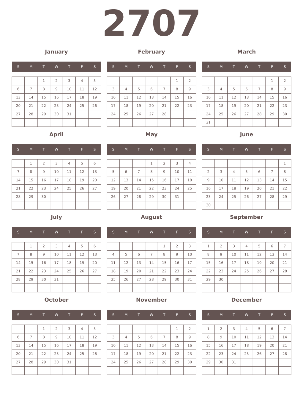 Printable 2707 Year Calendars wenge