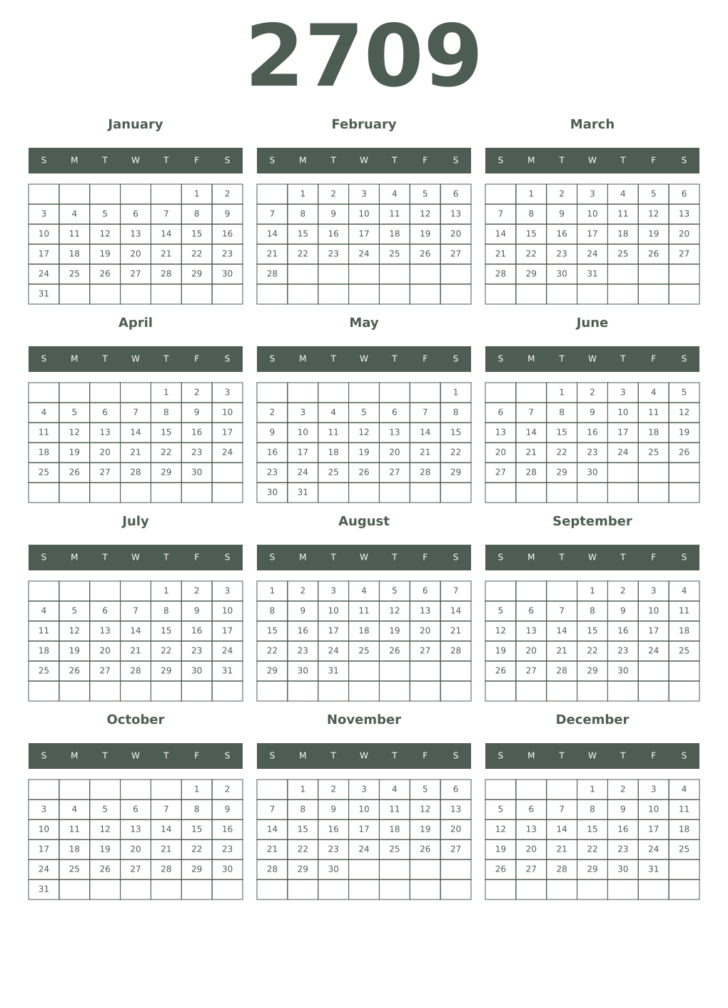 Printable 2709 Year Calendars feldgrau