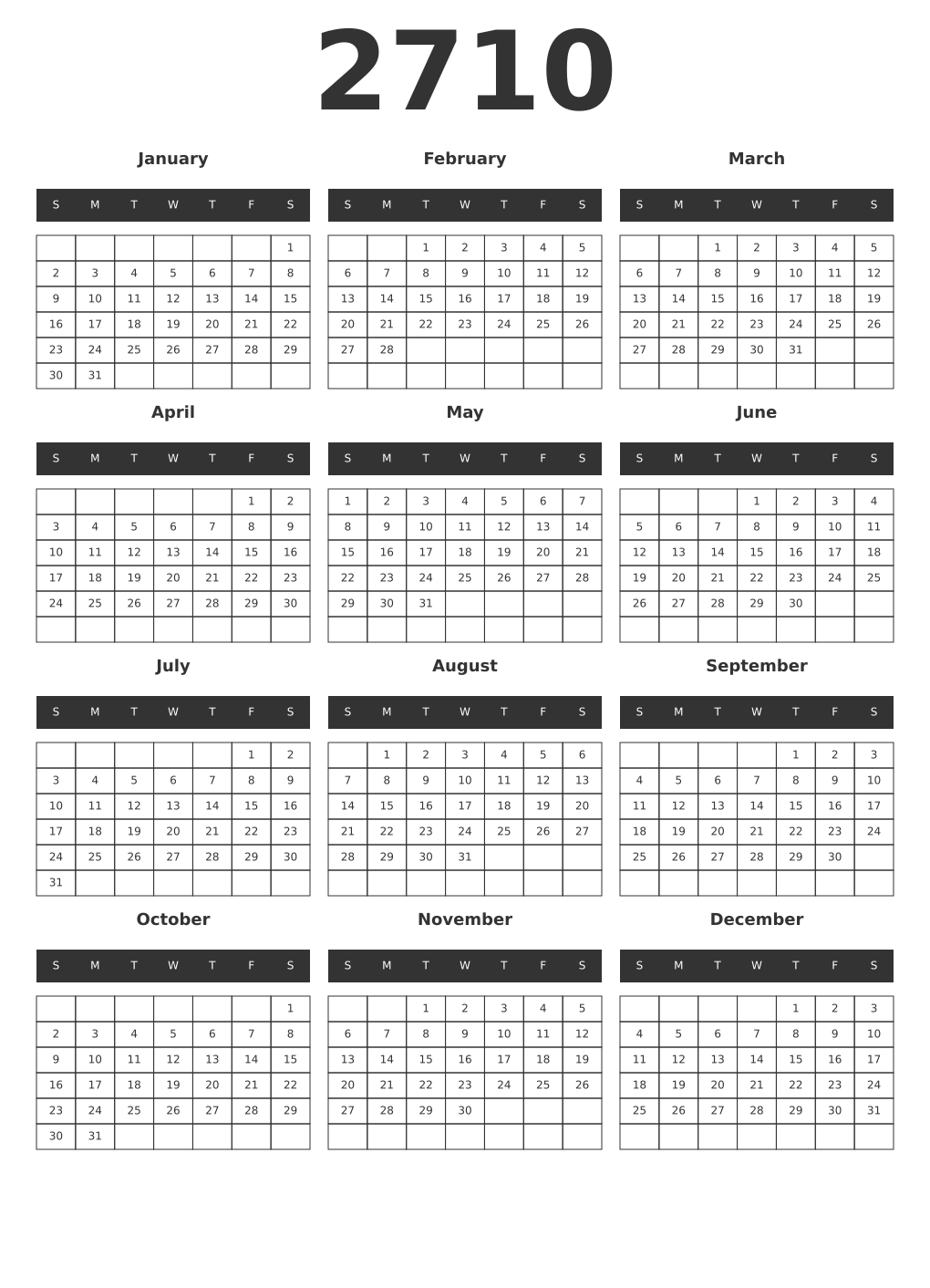 Printable 2710 Year Calendars dark